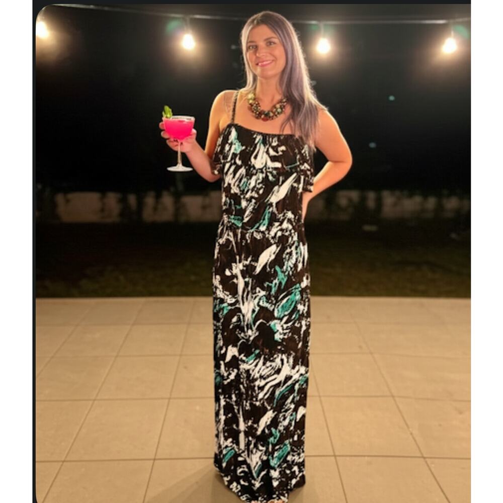 Allen B. By Allen Schwartz Maxi Long Dress Stretch Straps Aqua Green/Brown Sz XL